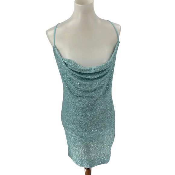 Susana Monaco Aqua Sequin Mini Dress Cowl Neck Crisscross Straps Size S, NWOT - Picture 2 of 8